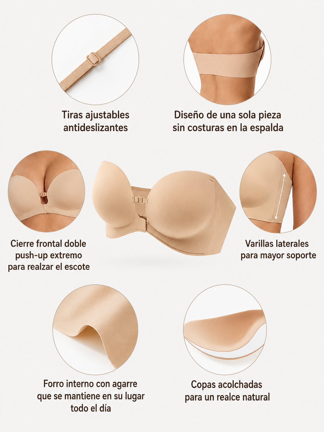 Corpiño strapless push-up con cierre frontal para mujer