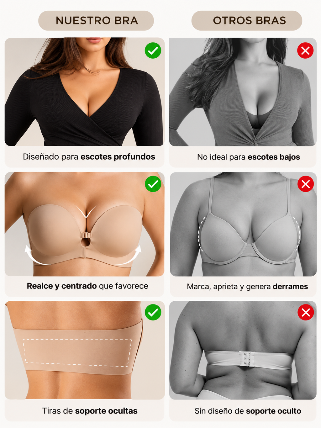 Corpiño strapless push-up con cierre frontal para mujer