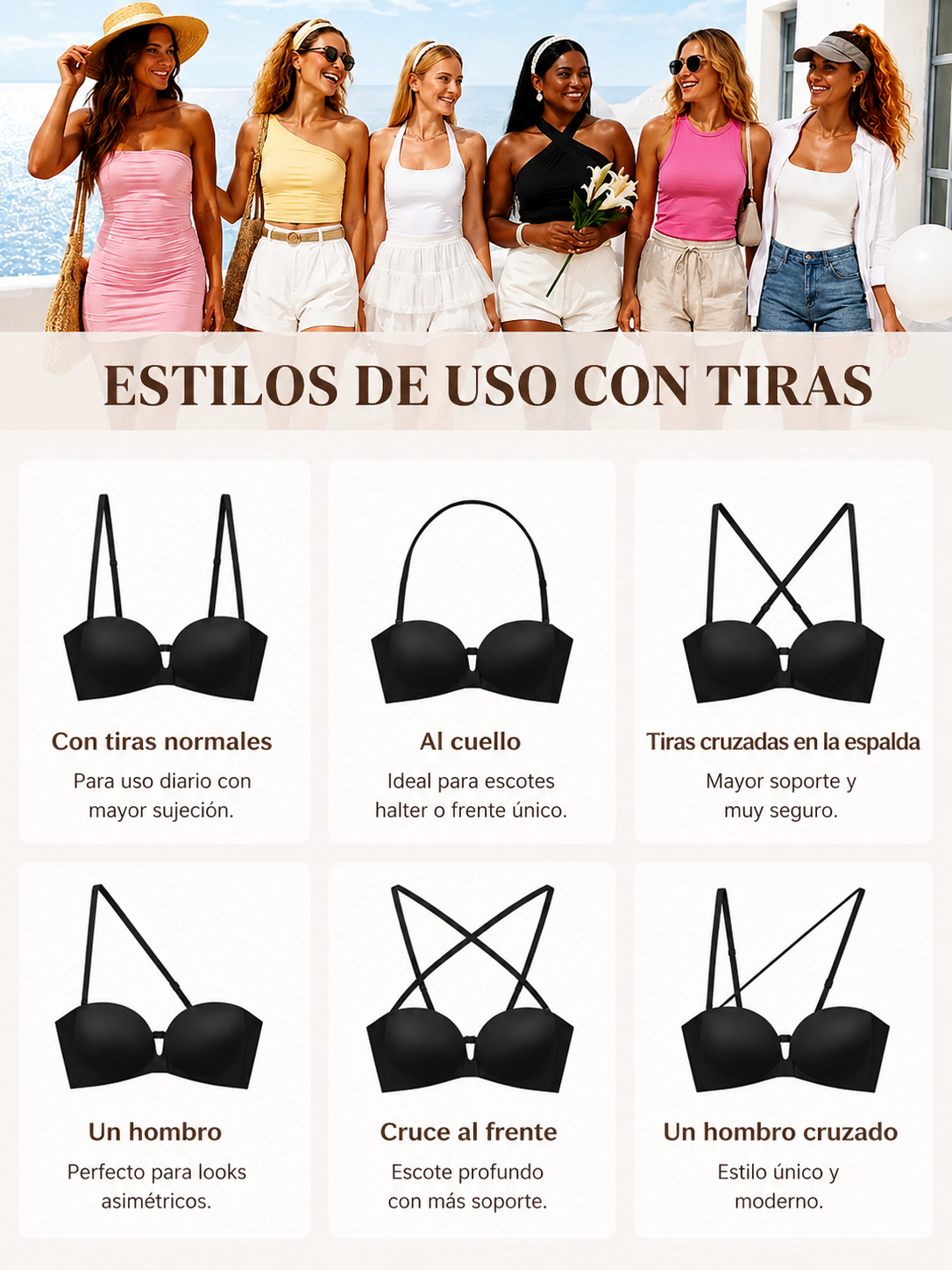 Corpiño strapless push-up con cierre frontal para mujer