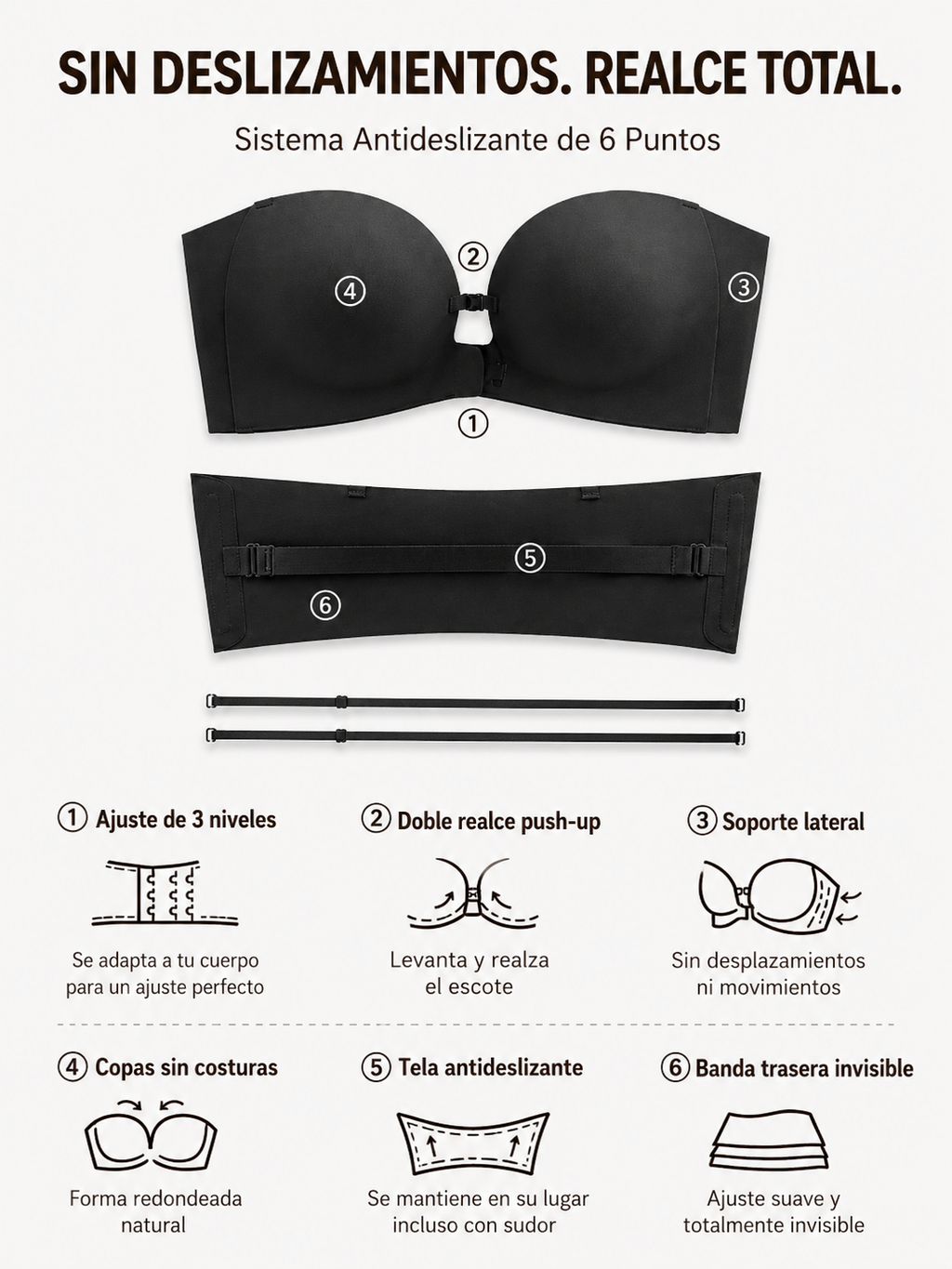 Corpiño strapless push-up con cierre frontal para mujer