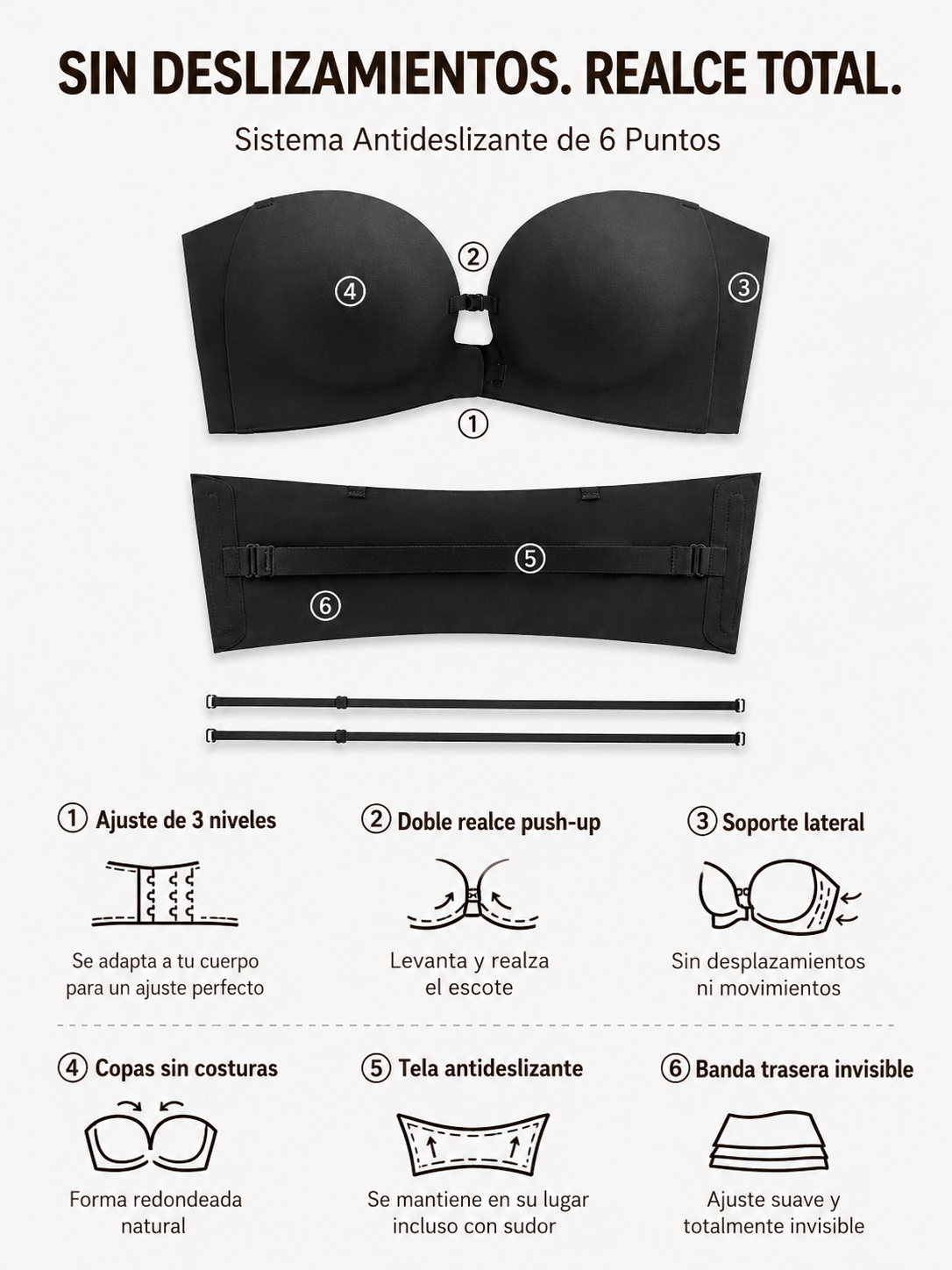 Corpiño strapless push-up con cierre frontal para mujer