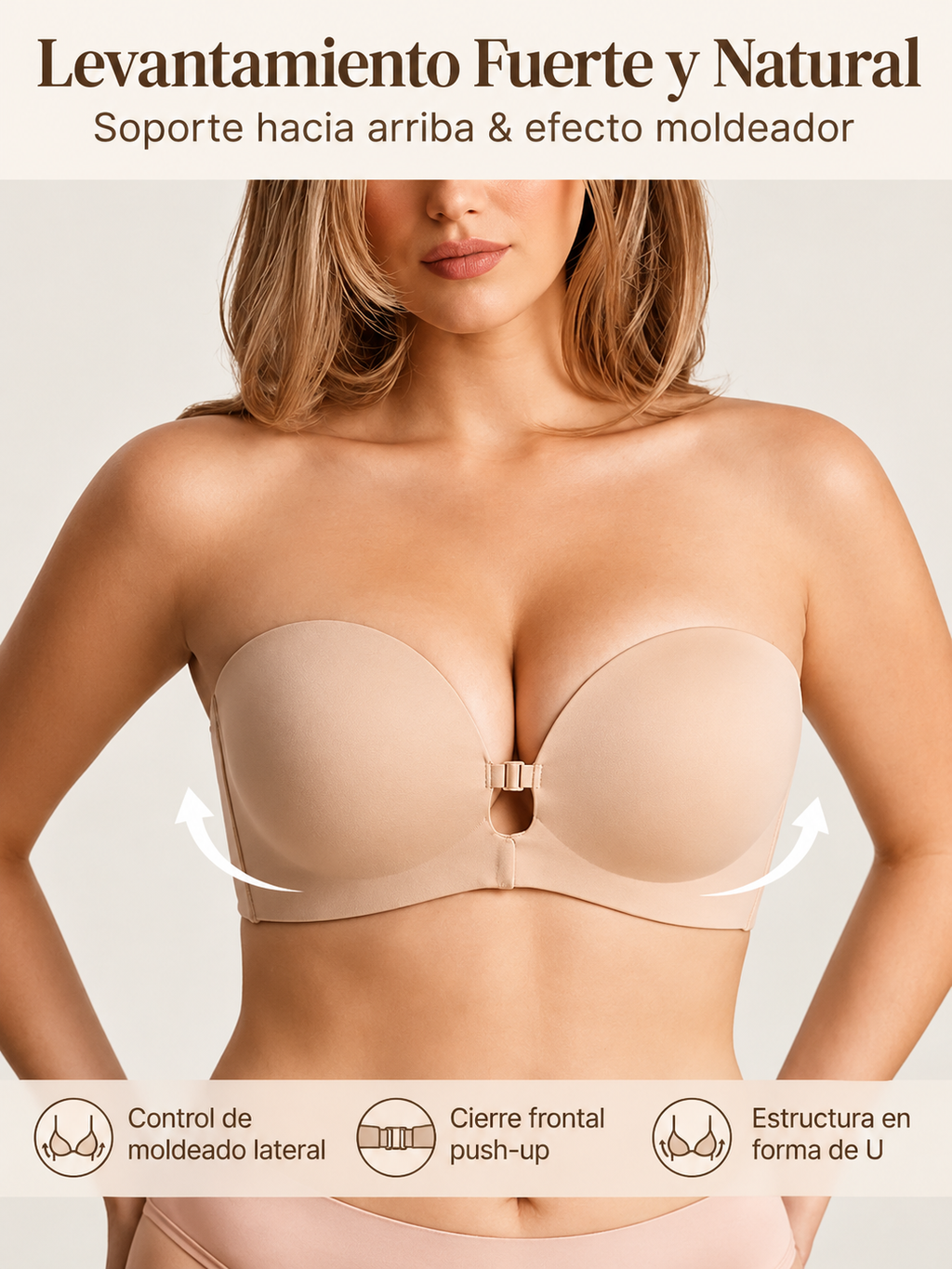 Corpiño strapless push-up con cierre frontal para mujer
